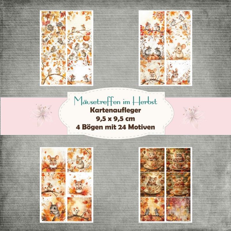 Mäusetreffen im Herbst - Karten Aufleger - 160g - 9,5 x 9,5 cm - 24 Motive - 4 Bögen Mäusetreffen im Herbst - Karten Aufleger - 160g - 9,5 x 9,5 cm - 24 Motive - 4 Bögen