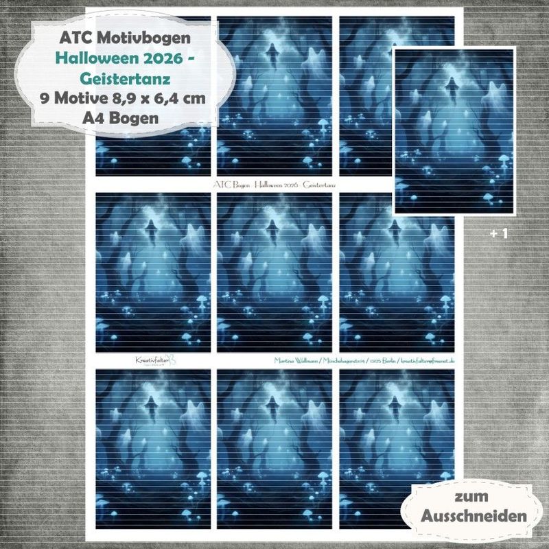 Halloween 2026 - Geistertanz - ATC Motivbogen - A4 Hochformat - 1 Seite mit 9 Motiven Halloween 2026 - Geistertanz - ATC Motivbogen - A4 Hochformat - 1 Seite mit 9 Motiven