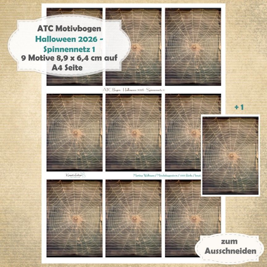 Halloween 2026 - Spinnennetz 1 - ATC Motivbogen - A4 Hochformat - 1 Seite mit 9 Motiven Halloween 2026 - Spinnennetz 1 - ATC Motivbogen - A4 Hochformat - 1 Seite mit 9 Motiven