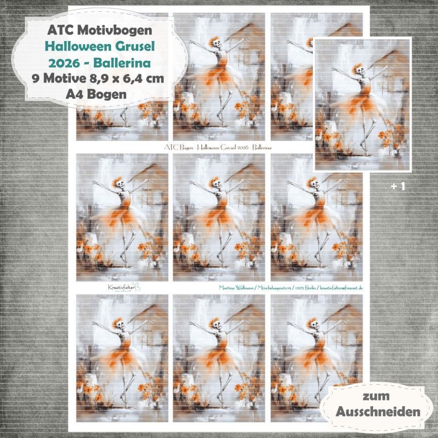 Halloween Grusel 2026 - Ballerina - ATC Motivbogen - A4 Hochformat - 1 Seite mit 9 Motiven Halloween Grusel 2026 - Ballerina - ATC Motivbogen - A4 Hochformat - 1 Seite mit 9 Motiven