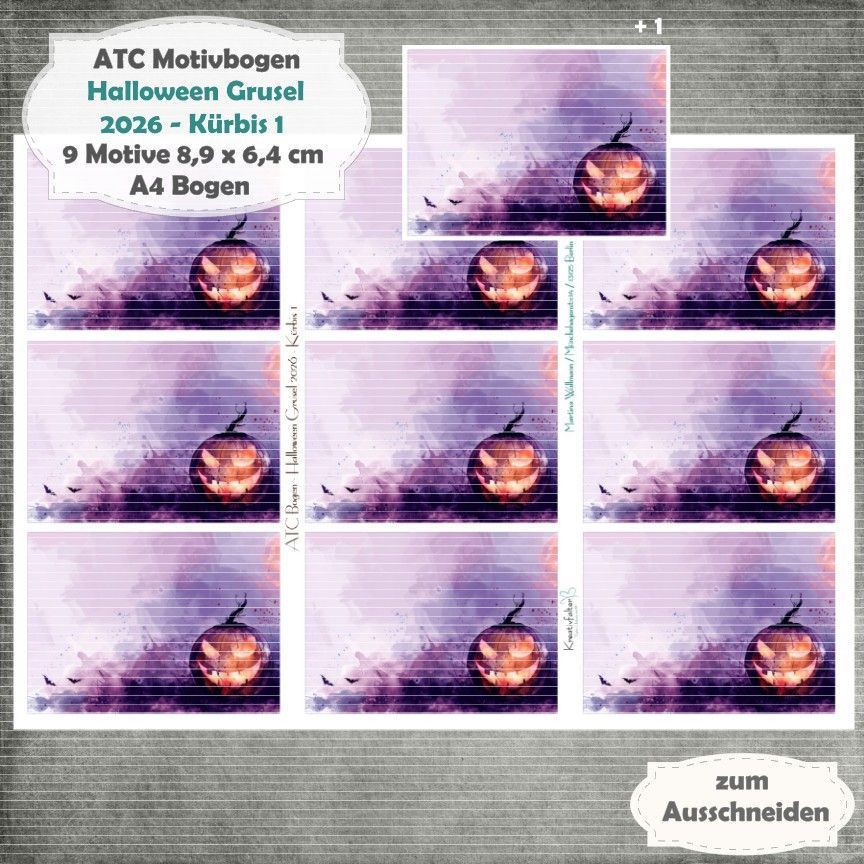 Halloween Grusel 2026 - Kürbis 1 - ATC Motivbogen - A4 Hochformat - 1 Seite mit 9 Motiven Halloween Grusel 2026 - Kürbis 1 - ATC Motivbogen - A4 Hochformat - 1 Seite mit 9 Motiven