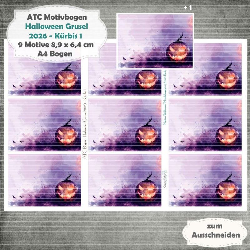 Halloween Grusel 2026 - Kürbis 1 - ATC Motivbogen - A4 Hochformat - 1 Seite mit 9 Motiven Halloween Grusel 2026 - Kürbis 1 - ATC Motivbogen - A4 Hochformat - 1 Seite mit 9 Motiven