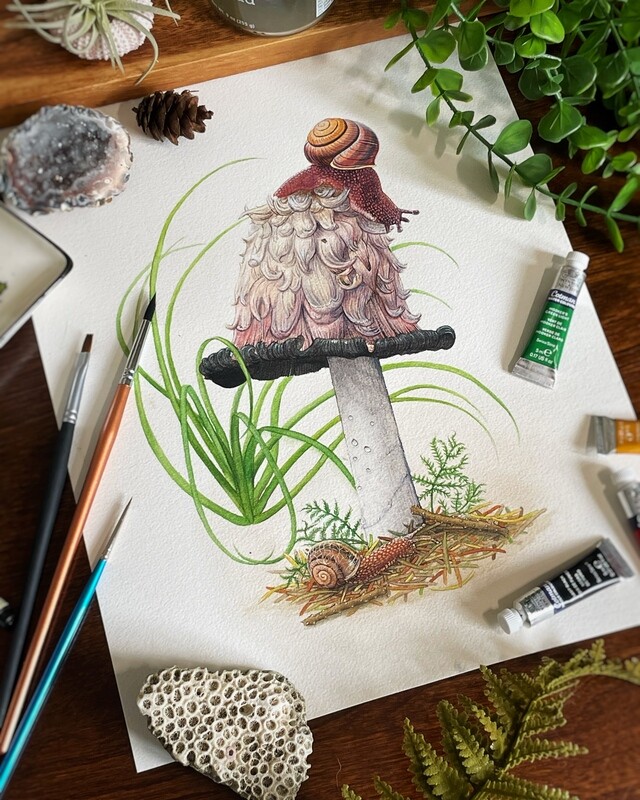 Snails &amp; Mushroom Print, mushroom art