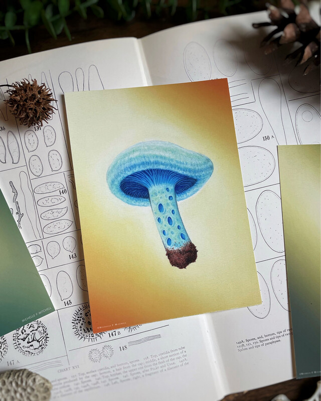 Indigo Milk Cap Print, mushroom wall art , pastel painting