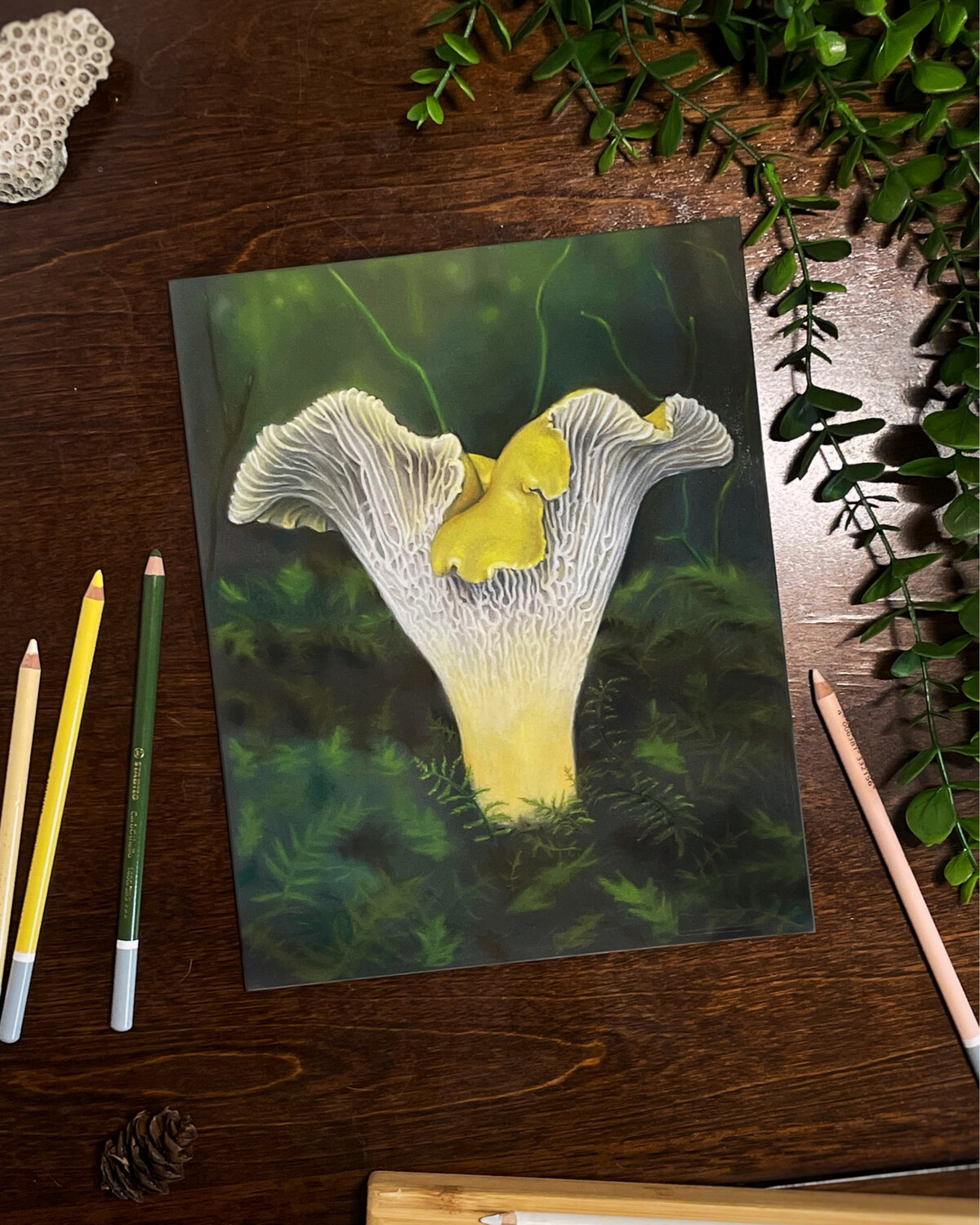 Golden Chanterelle &amp; Moss Print, mushroom wall art , pastel painting