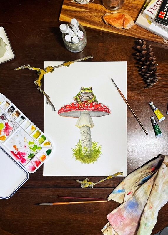 Original Painting- Amanita &amp; Pacific Tree Frog