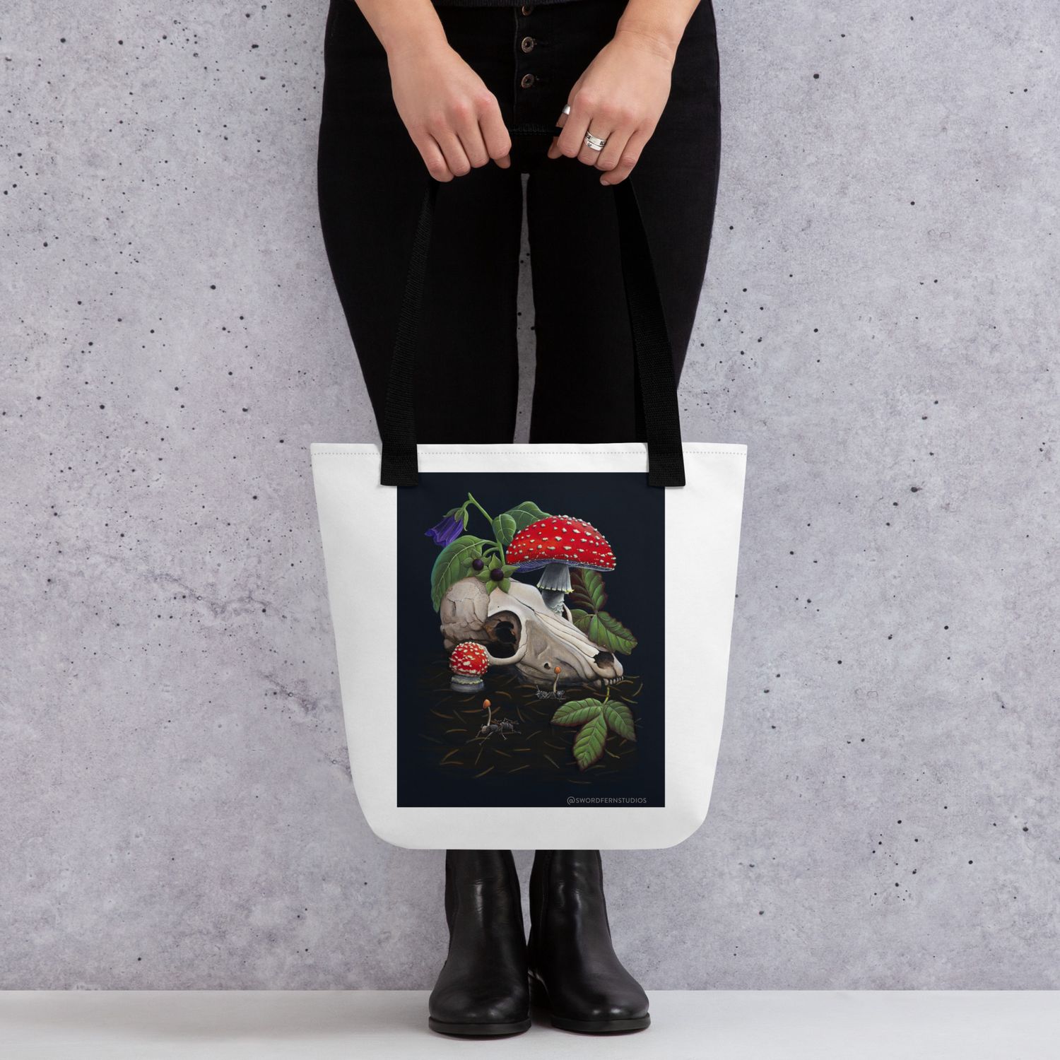 Mushrooms and Skulls Tote bag, Mycology Art Tote, Reusable Shopping Bag.