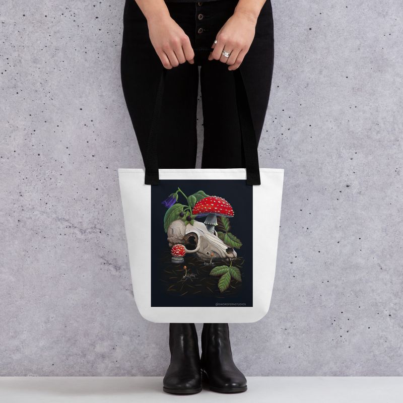 Mushrooms and Skulls Tote bag, Mycology Art Tote, Reusable Shopping Bag.