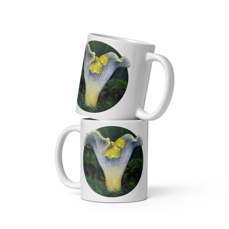 Chanterelle in Forest Mug, Chanterelle Coffee Mug, Whimsical Mushroom Art Mug