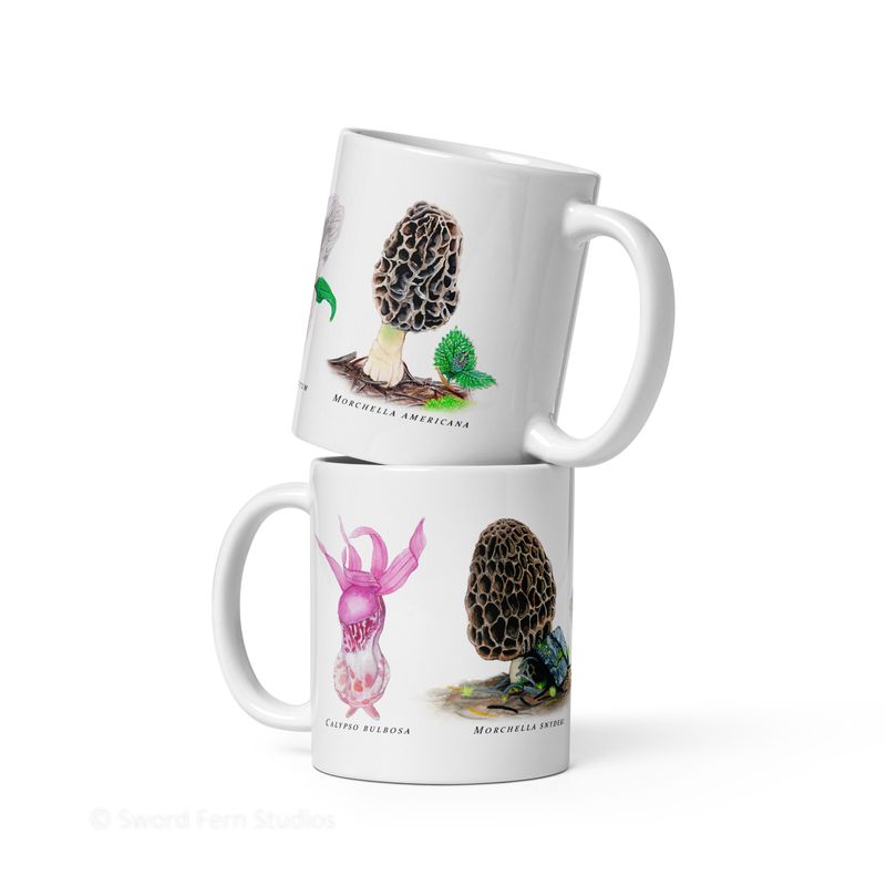 Wildflowers and Morel Mushrooms Mug, Spring Mushrooms and Flowers Art Mug, Morel Mushroom Coffee Mug