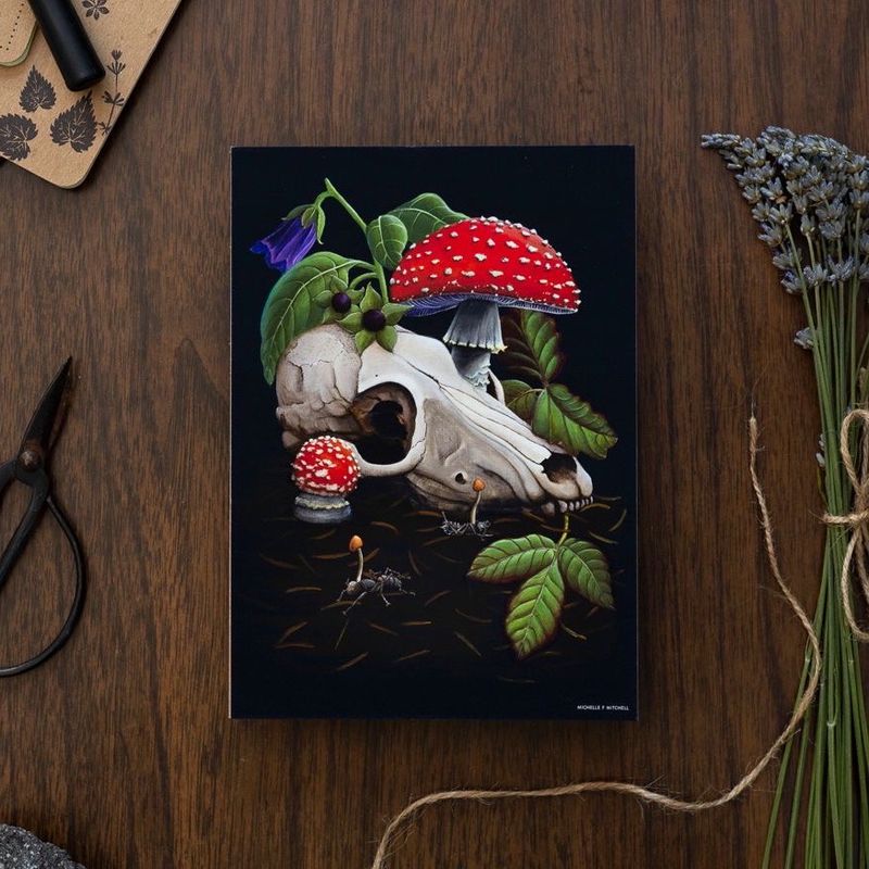 Fox Skull &amp; Mushrooms Art Print, Mushrooms &amp; Skull Art Print, Witchy Wall Art, Mushroom Artwork