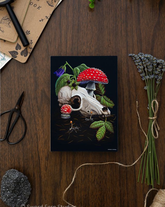 Fox Skull &amp; Mushrooms Art Print, Mushrooms &amp; Skull Art Print, Witchy Wall Art, Mushroom Artwork