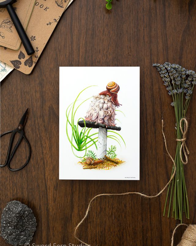 Snails &amp; Mushroom Art Print, Coprinus comatus mushroom art
