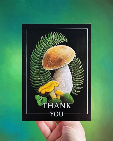 Elegant Mushroom Thank You Card, botanical illustration greeting card