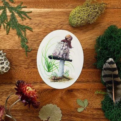 Shaggy Mane Mushroom &amp; Snails Sticker, Foraging Art Decal, 3"
