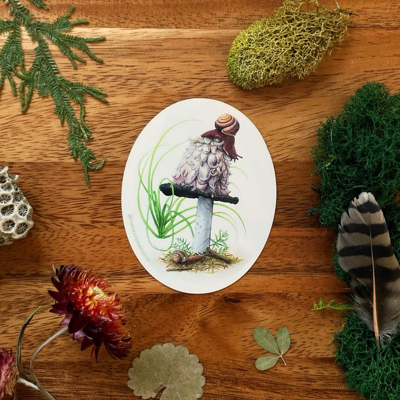 Shaggy Mane Mushroom &amp; Snails Sticker, Foraging Art Decal, 3"