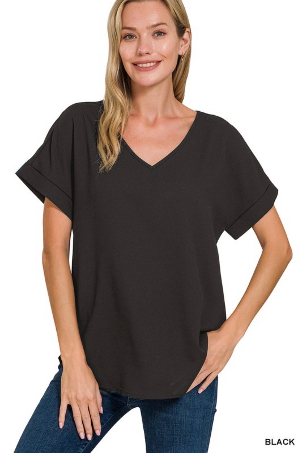 Black Rolled Sleeve Vneck