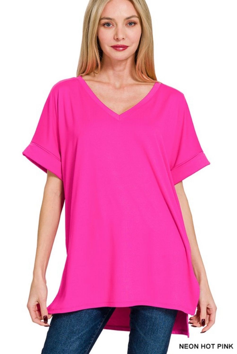 Neon Hot Pink Vneck Blouse