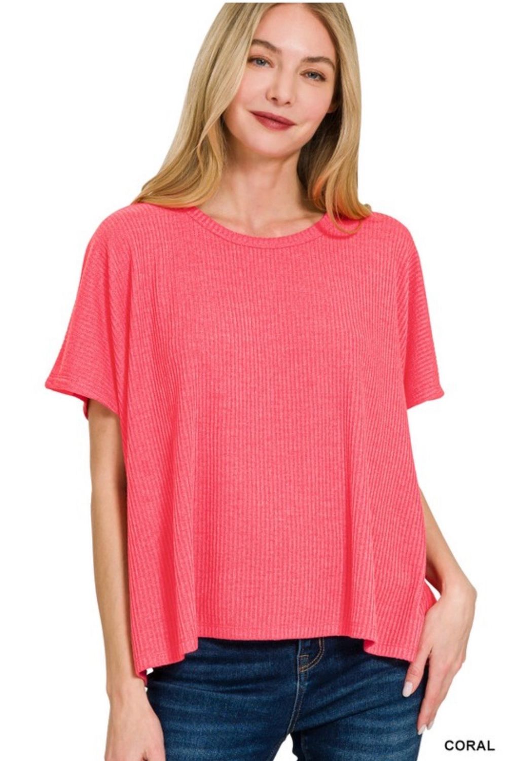 Coral Ribbed Round Neck Short Sleeve