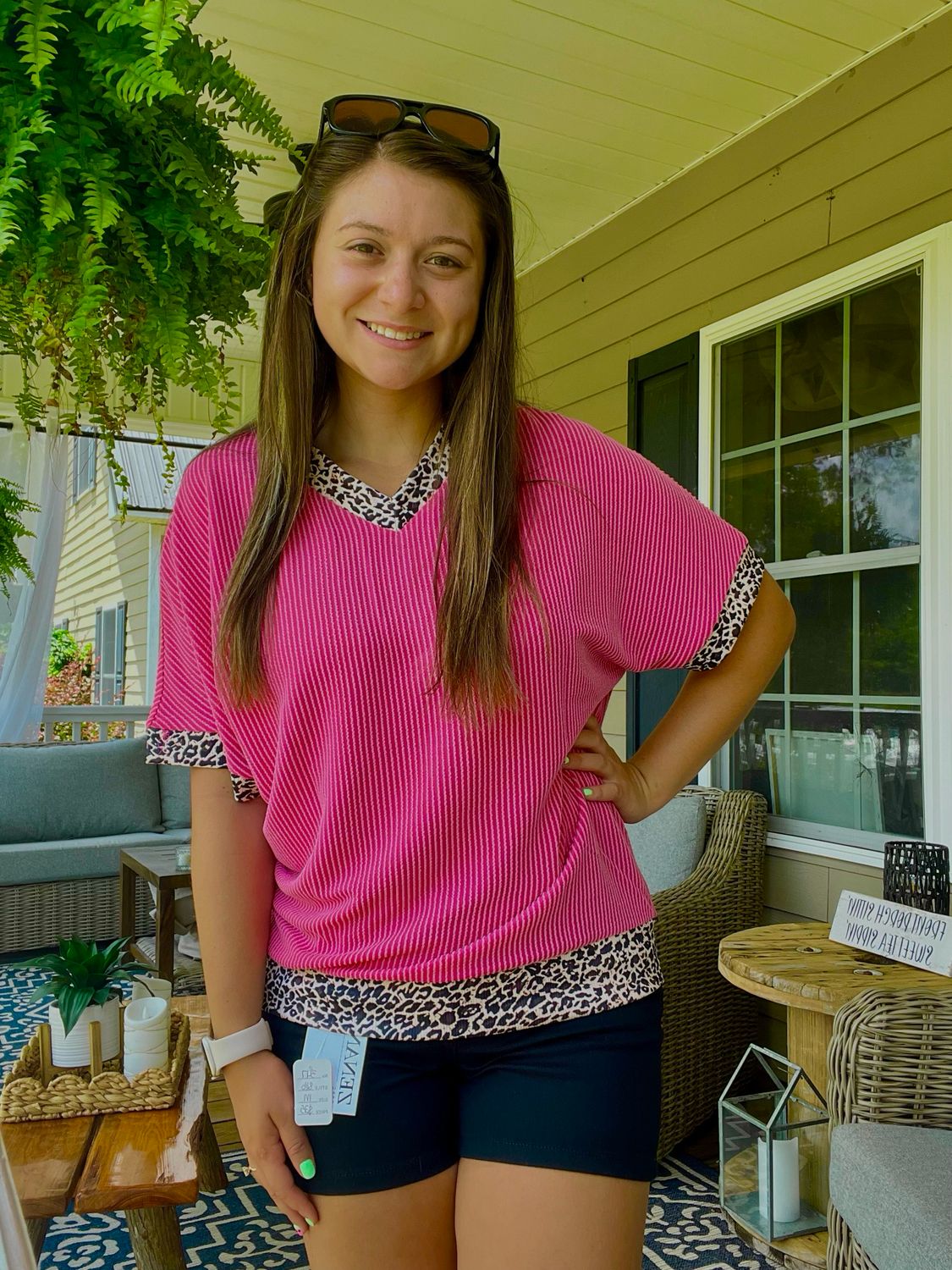 Leopard Ribbed Hot Pink Blouse