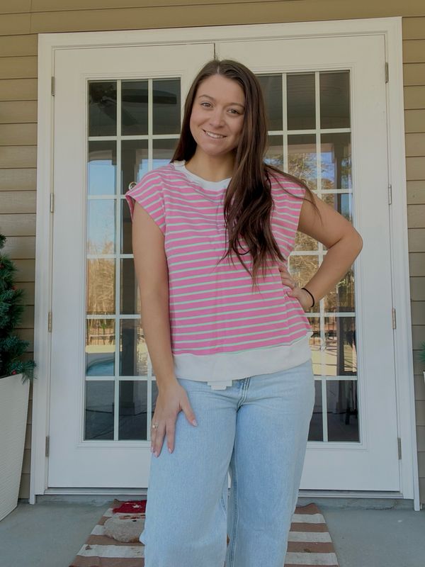 Pink &amp; Green Stripe Cap Sleeve