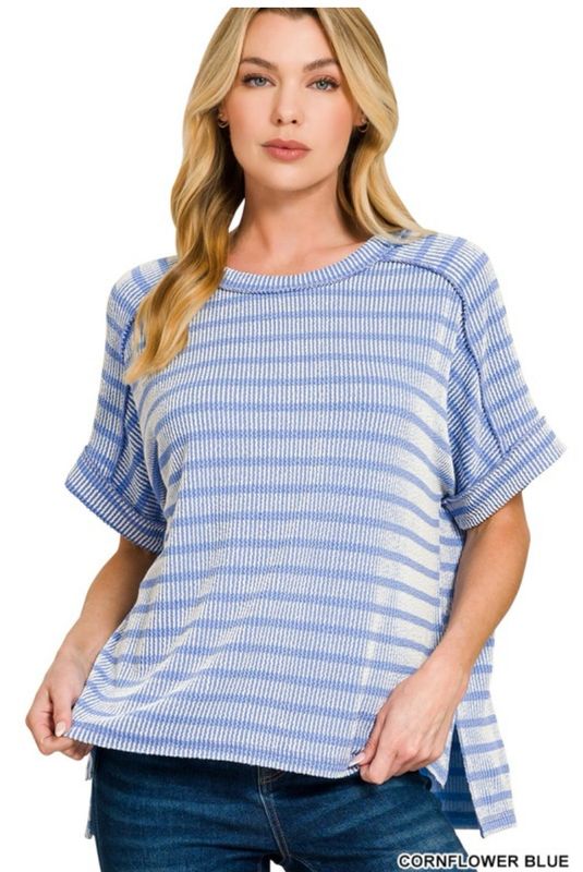 Cornflower Blue Raised Ribbed Exposed Seam Top Cornflower Blue Raised Ribbed Exposed Seam Top