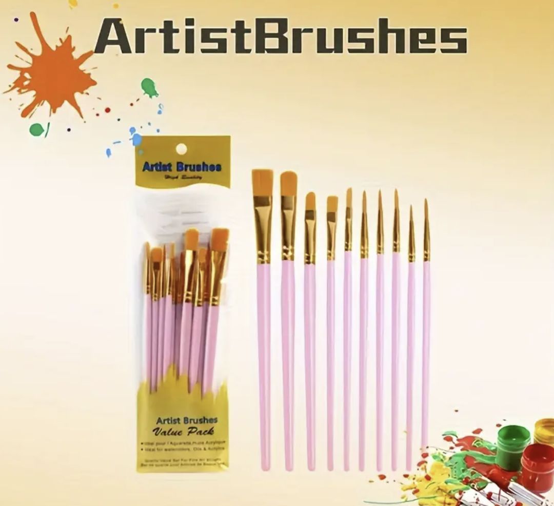 10pcs Vibrant Nylon Bristle Paint Brush Set Ice Cream Pink