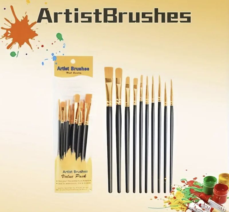 10pcs Vibrant Nylon Bristle Paint Brush Set Black