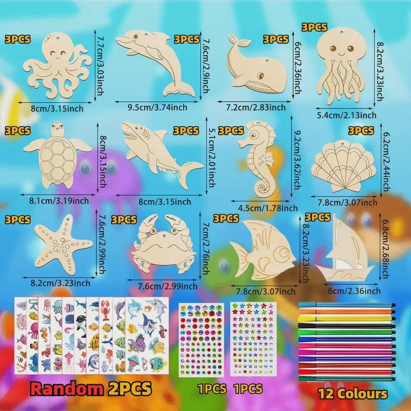 Paint Your Own - Ocean life - 12 Creations Wood Craft Kit For Kids