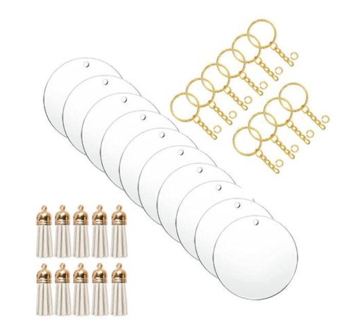 5Cm Clear Acrylic Blank Round Keyring White Tassel Kit - Gold 5Cm Clear Acrylic Blank Round Keyring White Tassel Kit - Gold