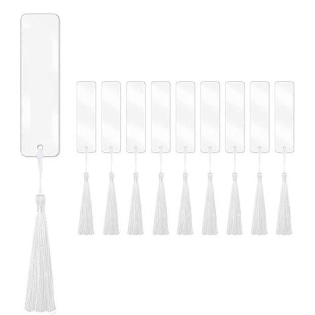 Clear Acrylic Bookmark and Tassel Set - White Tassels Clear Acrylic Bookmark and Tassel Set - White Tassels