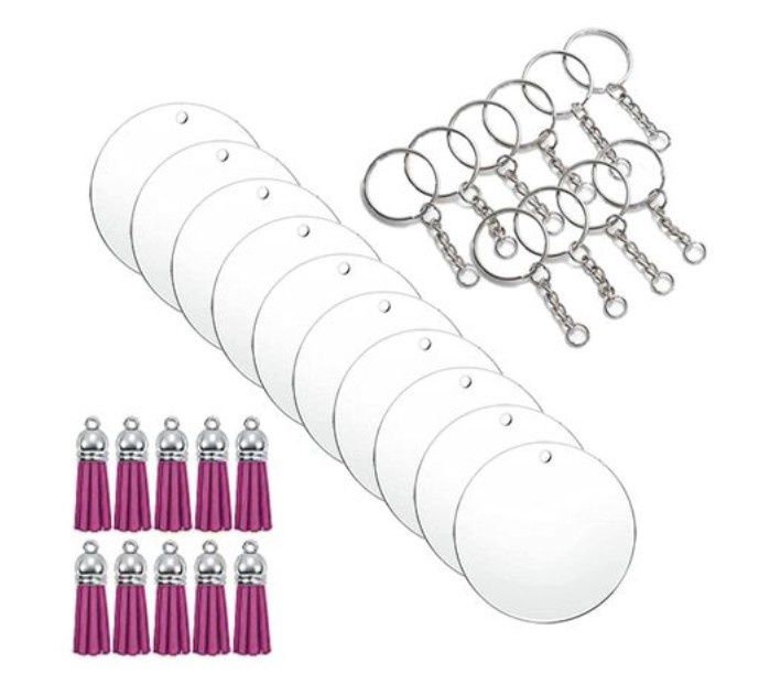 Clear Acrylic Blank Round Keyring Purple Tassel Kit - Silver