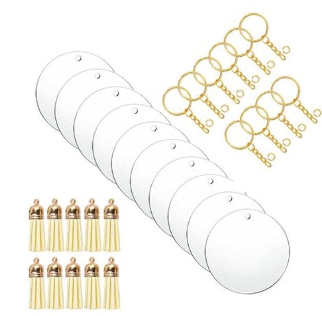 Clear Acrylic Blank Round Keyring Ivory Tassel Kit - Gold Clear Acrylic Blank Round Keyring Ivory Tassel Kit - Gold