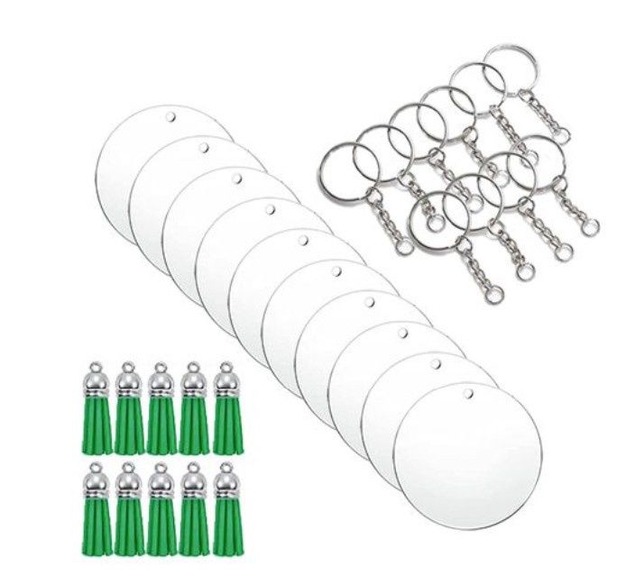 Clear Acrylic Blank Round Keyring Emerald Green Tassel Kit - Silver Clear Acrylic Blank Round Keyring Emerald Green Tassel Kit - Silver