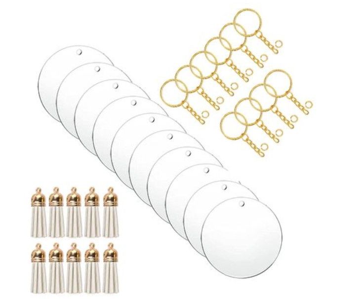 Clear Acrylic Blank Round Keyring White Tassel Kit - Gold Clear Acrylic Blank Round Keyring White Tassel Kit - Gold