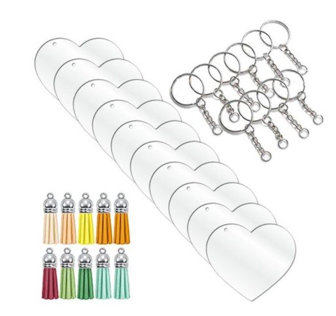 Clear Acrylic Blank Heart Keyring Tassel Kit - 2mm thick