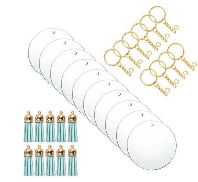 Clear Acrylic Blank Round Keyring Light Blue Tassel Kit - Gold