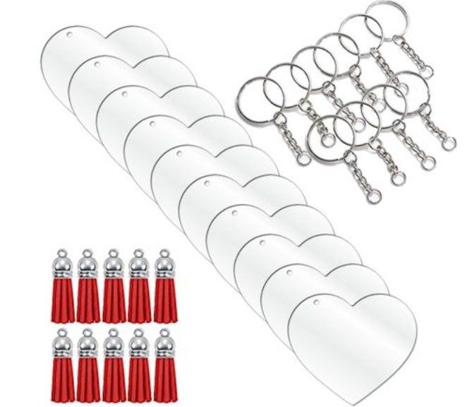 5cm Clear Acrylic Blank Heart Keyring Red Tassel Kit 5cm Clear Acrylic Blank Heart Keyring Red Tassel Kit