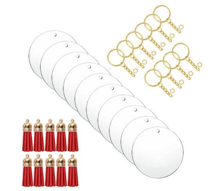 Clear Acrylic Blank Round Keyring Red Tassel Kit - Gold Clear Acrylic Blank Round Keyring Red Tassel Kit - Gold