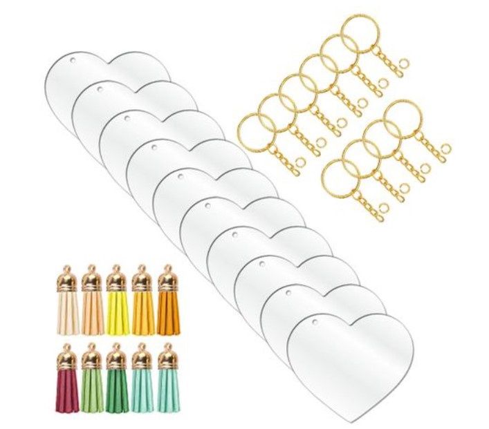Clear Acrylic Blank Heart Keyring Multicolour Tassel Kit - Gold Clear Acrylic Blank Heart Keyring Multicolour Tassel Kit - Gold