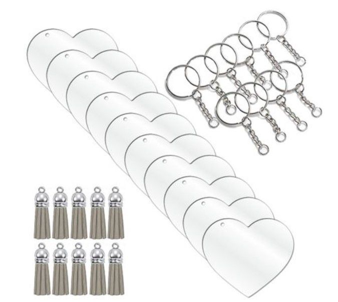5cm Clear Acrylic Blank Heart Keyring Silver Tassel Kit 5cm Clear Acrylic Blank Heart Keyring Silver Tassel Kit