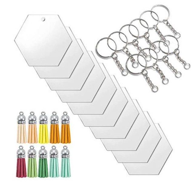 5cm Clear Acrylic Blank Hexagon Keyring Tassel Kit 5cm Clear Acrylic Blank Hexagon Keyring Tassel Kit