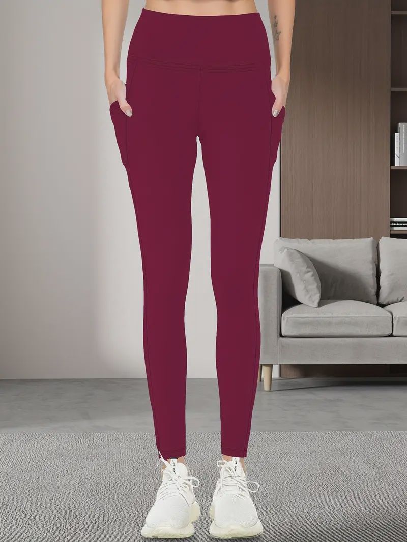 High Waisted Gym Tights Leggings Yoga Pants. Side Pockets & Tummy Control High Waisted Gym Tights Leggings Yoga Pants. Side Pockets & Tummy Control, Colour: Wine Red, Size: Small