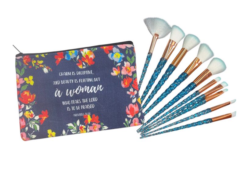 Inspirational Bible Verse, Makeup Bag with 10 x Makeup Brushes
