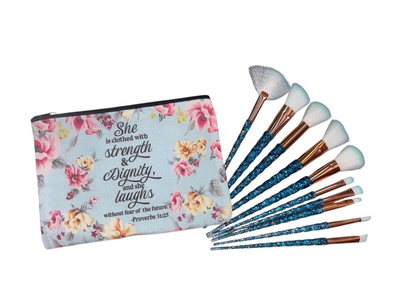 Inspirational Bible Verse, Makeup Bag with 10 x Makeup Brushes Inspirational Bible Verse, Makeup Bag with 10 x Makeup Brushes