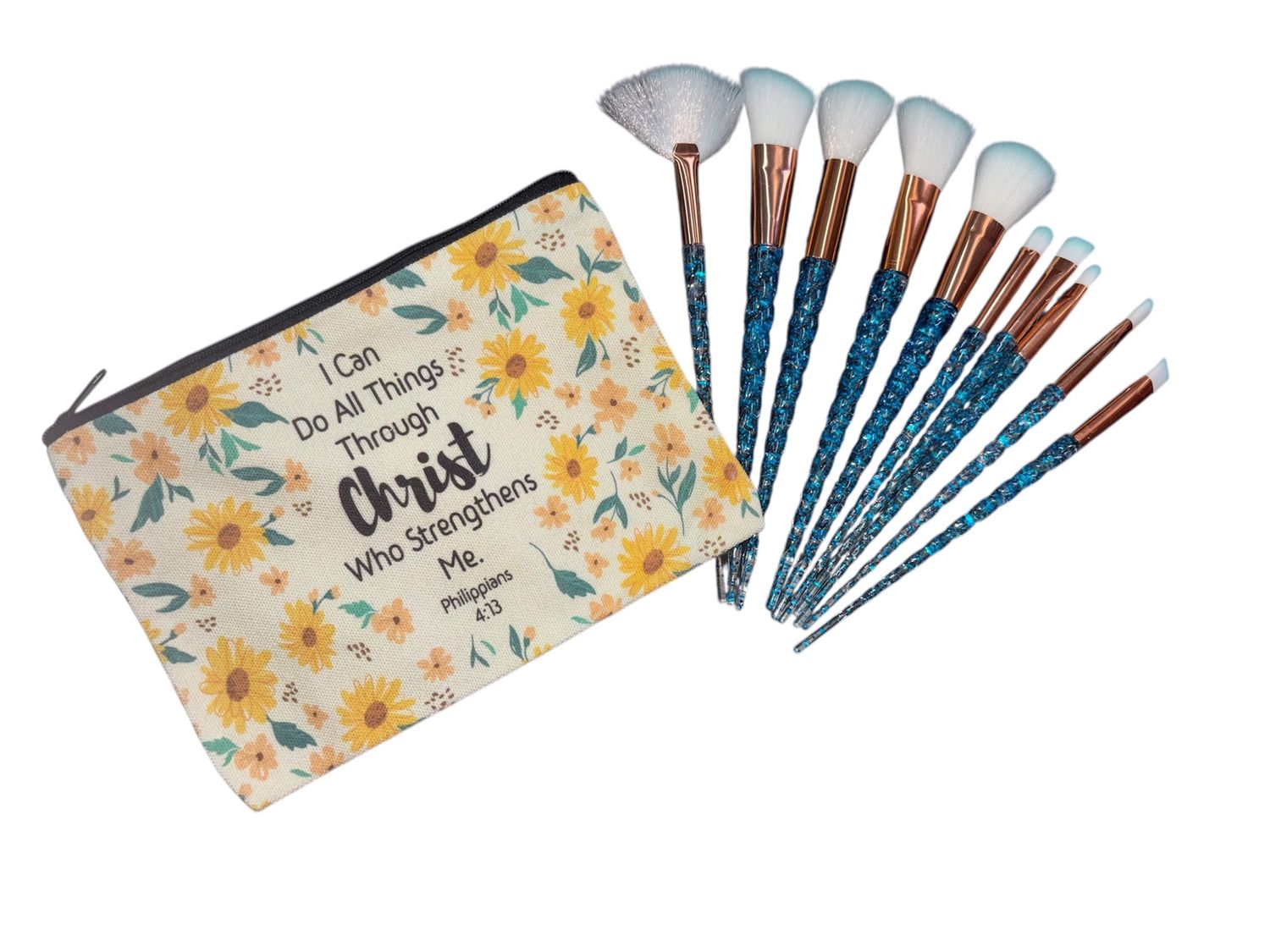 Inspirational Bible Verse, Makeup Bag with 10 x Makeup Brushes, Colour: Phil 4:13