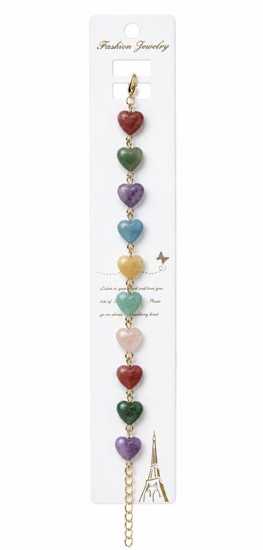 Rainbow Natural Stone Heart Charm Bracelet