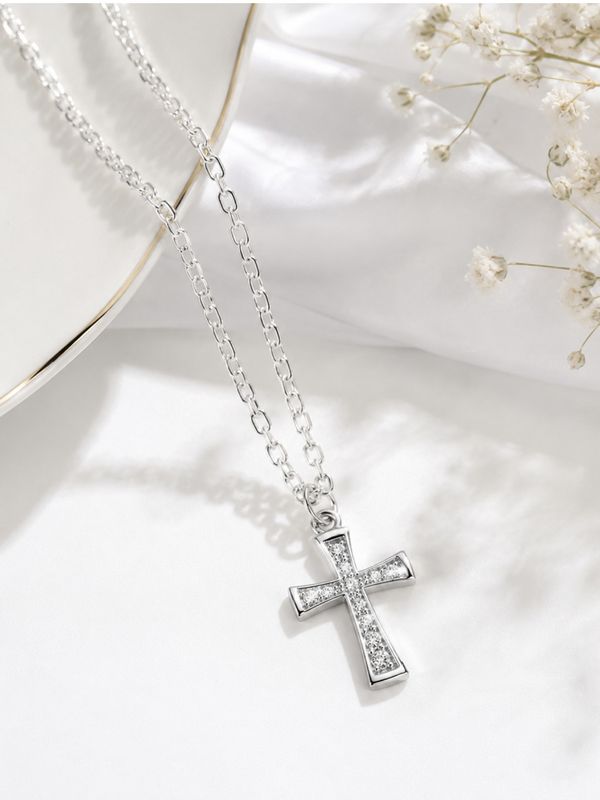 Crystal Cross Pendant Necklace - Silver