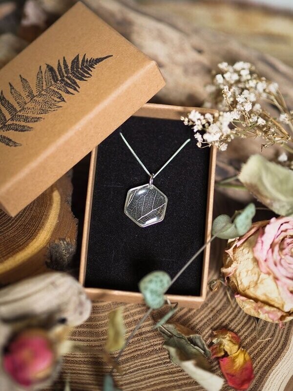 Kette Hexagon „Blattadern", klein, silber