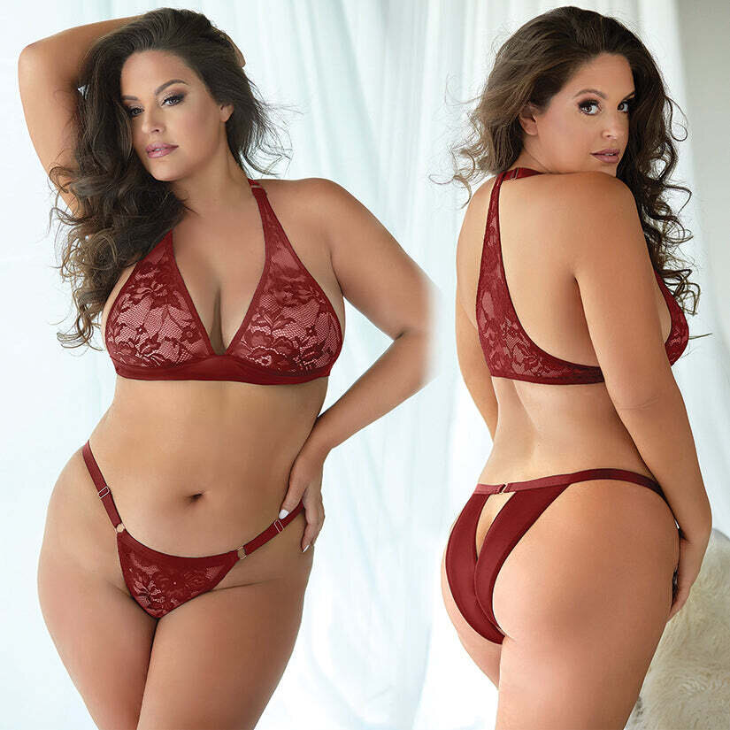 Allure Lace &amp; Mesh Bralette and Panty 2pc Set-Burgundy 2X/3X